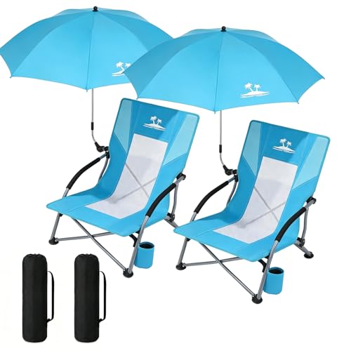 2PCS Folding Beach Chair with Umbrella, Low Profile Portable Sand Chair for Adults, Breathable Mesh Beach Seat with Cup Holder, Heavy Duty Lightweight Camping Chair, Ocean Blue with Light Blue