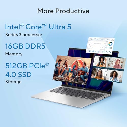Image of ASUS Vivobook 16 (2026),Smartchoice,Intel Core Ultra 5 325 (Series 3),16GB RAM,512GB SSD,FHD+, 16 inch(40 cm),Win 11 Home,M365 Basic(1 Year),Office 2024,Cool Silver,1.88 kg, X1607AA-MB038WS, Copilot+ PC
