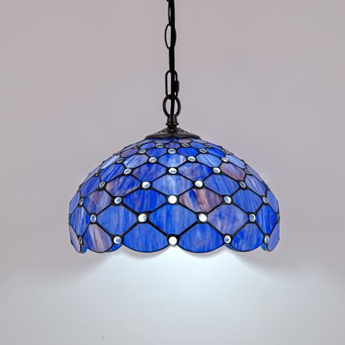 GILGGAK Tiffany Style Stained Glass Pendant Light Plug in, 12" Wide Pearlescent Design Hanging Lamp, 60 Inch Chain 15 Feet Cord Living Dining Room Bedroom Kitchen Home Office (Deep Blue) by GILGGAK - Used condition - Image 4