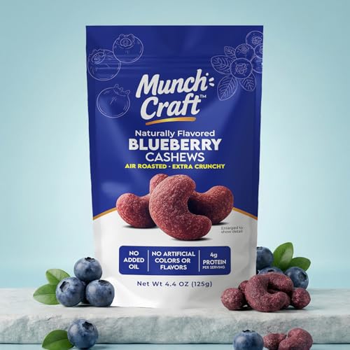 Image of Munch Craft Gourmet Blueberry Cashews - Perfectly Balanced Flavor (Tangy Berry & Buttery) - Extra Crunchy Air-Roasted Nuts, Oil-Free - No Artificial Colors or Flavors - 4.4 oz (125g) Resealable Bag