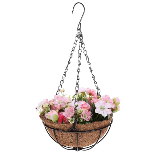 Flores artificiales rosa con cesta colgante de hierro para decoracion de paredes 2
