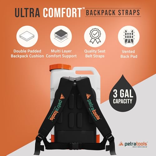 PetraTools 3 Gallon Battery Powered Backpack Sprayer in Lawn and Garden - HD3000 - Long Battery Life & Padded Straps for Comfort - Electric Sprayer w/ 6 Spray Nozzles & 80PSI (3 Gallon)