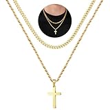 M MOOHAM Collar de cruz para hombre, 2 collares de acero inoxidable para hombre, plata/dorado/negro, resistente que no se decolora, collar de cadena de cuerda cubana para el día de San Valentín
