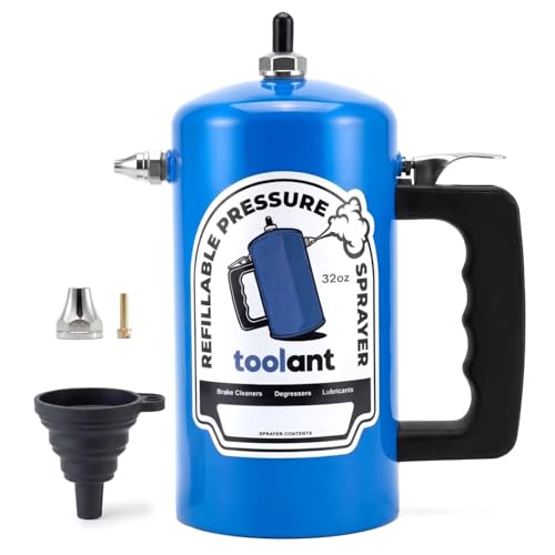 toolant 32oz Refillable Pressurized Sprayer Steel Canister Rust-Resistant Lining Needle Valve Leak-Resistant 1.0/0.6mm Nozzles Funnel Included 200 PSI Max for Brake Cleaner & Solvents Blue