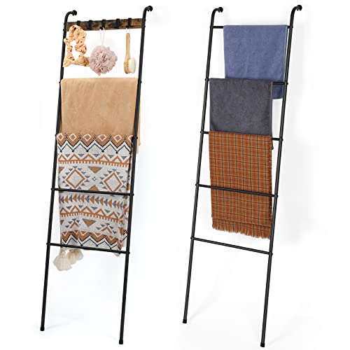 Blanket Ladder Towel Ladder for The Living Room Wall-Leaning Quilt Ladder with 5 Removable Hooks Farmhouse Decorative Bathroom Blanket Ladder Black Towel Rack for Laundry Room Outdoor Pool，Black