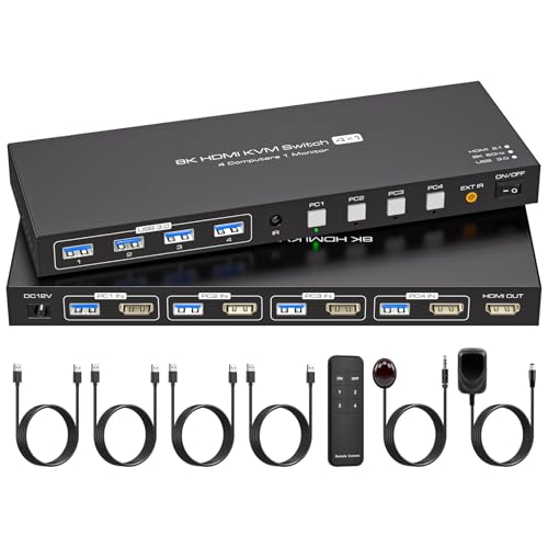 VPFET 4K144Hz HDMI 2.1 KVM Switch 4 PC 1 Monitore 8K60Hz Simulation EDID 4 port KVM Umschalter für 4 PC Teilen 1 Monitore und 4 USB 3.0 Devices Tastatur Maus Drucker mit 4 USB 3.0 Kabel