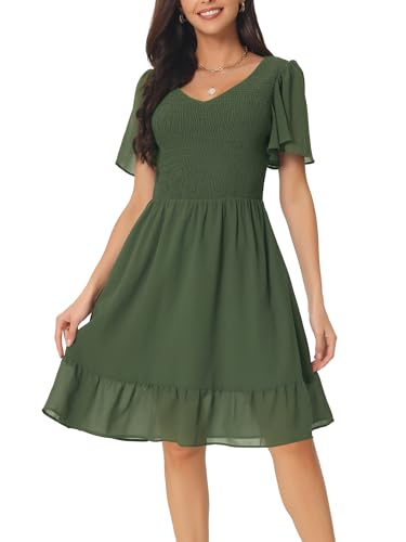Image of Seta T Women's Summer Chiffon Dresses Smocked V Neck Flutter Short Sleeve Flowy Casual Dress with Pockets