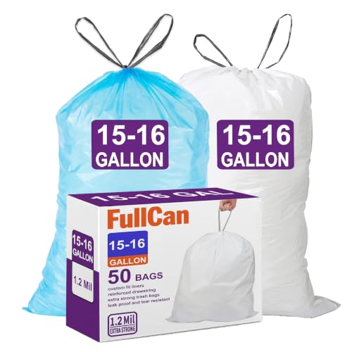 Image of 13-15 Gallon-16 Gallon Perfect Fit Heavy Duty Drawstring Trash Bags 1.2 MIL THICK White Garbage Can Liners Heavy Duty Trash Bags 50 Count Blue & White for 13 Gallon, 15-16 Gallon GRAND SAVE!