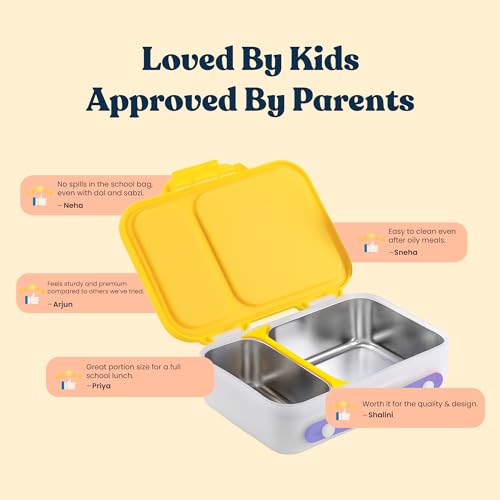 Image of rabitat Munchbee Pro Personalized Stainless Steel Kids Lunch Box 850ml- Food-Grade Steel Bento Tiffin | 2-Year Brand Warranty | Spill-Proof Flick-Lock | 3 Compartments, BPA-Free, School-Safe | Diva