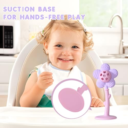 Image of Baby Teething Toys 3-6 Months, Teether and Sensory Rattle for Babies 0-6 Months, Food Grade Silicone Teethers 6-12 Months, Infant Teething Relief Chew Toys, Sunnyflower Teether Toy BPA Free - Purple