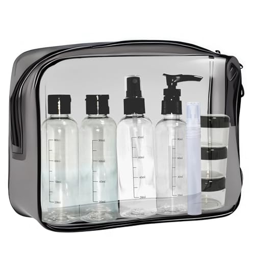 Neceser de Viaje Transparente con Botellas de 100 ml,Bolsa Vuelo para Cosméticos & 8 Botellas Botes de Viaje Vacios,Kit de Avion Botes Rellenables Viaje para Champú, Gel,Crema, Loción