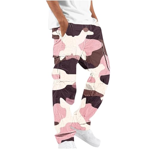 Men's Camo Cargo Pants Straight Leg Relaxed Fit Drawstring Tactical Working Camouflage Military Pants for Outdoor Hiking Camping Lightweight Stretch Waist Streetwear Clothes Pink XLT