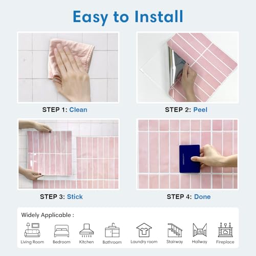 COMSTICKC 10-Stück 3D Fliesenaufkleber Klebefliesen Küche Rosa 3D Wandfliesen Vinyl Selbstklebend Fliesen Wandverkleidung Küche Bad Küchenrückwand, 30,5 x 30,5 cm – nur für Glatte Wände