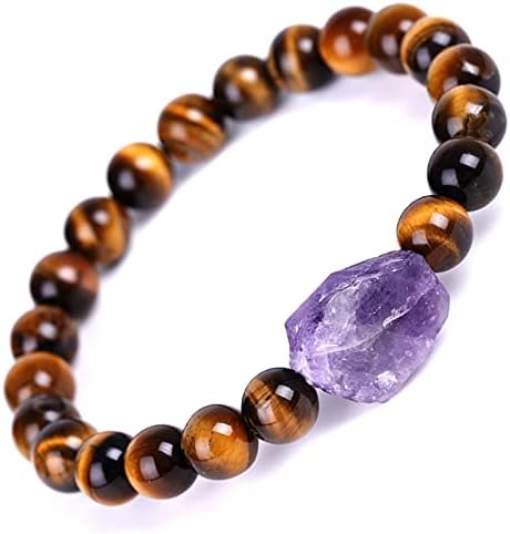 8MM Amethyst Crystal Tiger Eye Stretch Bracelet with Irregular Stone,7.48 In Healing Gemstone Charm Bracelets Black Agate Stone Beads Chakra Energy Charm Handmade Bracelets for Girls Womens(Tiger Eye)