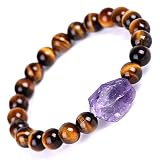 8MM Amethyst Crystal Tiger Eye Stretch Bracelet with Irregular Stone,7.48 In Healing Gemstone Charm