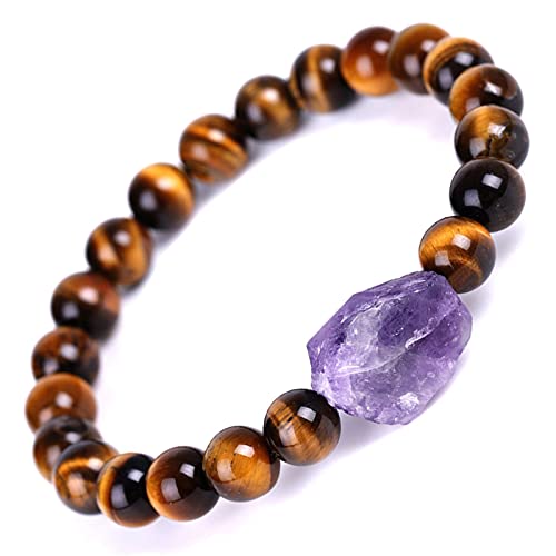 8Mm Amethyst Crystal Tiger Eye Stretch Bracelet With Irregular Stone,7.48 In Healing Gemstone Charm Bracelets Black Agate Stone Beads Chakra Energy Charm Handmade Bracelets For Girls Womens(Tiger Eye) #TOP27