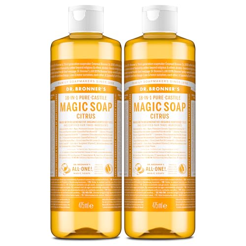 Image of Dr Bronner's 18-in-1 Citrus Orange Pure-Castile Liquid Soap, Made with Organic Oils, Used for Face, Body, Hair, Laundry, Pets and Dishes, Certified Fair Trade & Vegan Friendly, 473ml Recycled Bottle
