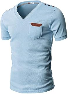 H2H Mens Basic Cotton V-neck T-shirts with Point Shoulder Button Leather Pocket,Jdsk16-skyblue,US Large