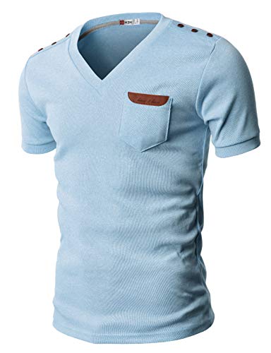 H2H Mens Basic Cotton V-neck T-shirts with Point Shoulder Button Leather Pocket,Jdsk16-skyblue,US Large