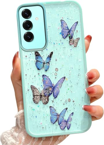 Image of VONZEE for Samsung Galaxy A16 5G Clear Glitter Butterfly Case, Cute Bling Sparkle Shiny Soft Silicone TPU Bumper Shockproof Women Girls Slim Protective Phone Cover for Galaxy A16 5G, Mint