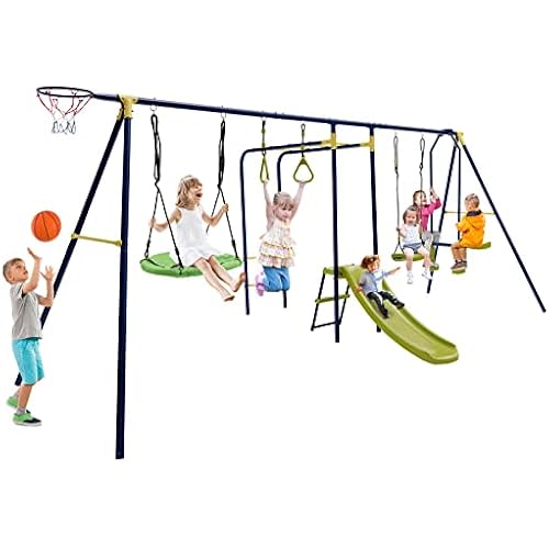 Costzon 660 lbs Swing Sets for Backyard, 7-in-1 Heavy Duty Extra Large Metal Swing Frame w/2 Swings, Glider, Gym Rings, Slide, Monkey Bar, Basketball Hoop, Play Equipment for Indoor Outdoor