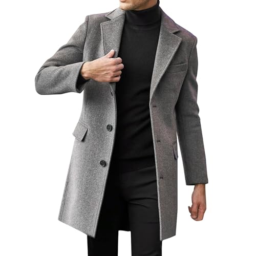 Generisch Abrigo de caballero largo, chaqueta de ajuste delgado, abrigo de lana, abrigo de invierno, cuello con botones, trenca, abrigo de invierno, ropa de abrigo cálida, negro, abrigo de caballero