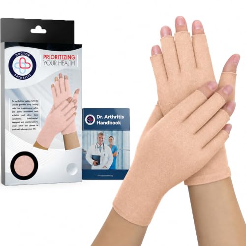 Image of Doctor Developed Nude Arthritis Gloves /Skin Gloves w /Handbook - for Arthritis, Raynauds Disease & Carpal Tunnel, Open-fingers, Large