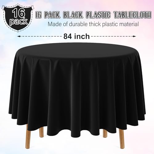 Image of 16 Pack Black Plastic Tablecloth for Round Tables, Premium Decorative Black Disposable Table Cloths for Parties, Bulk Round Party Table Cover for Birthday Wedding Anniversary Graduation, 84 Inch