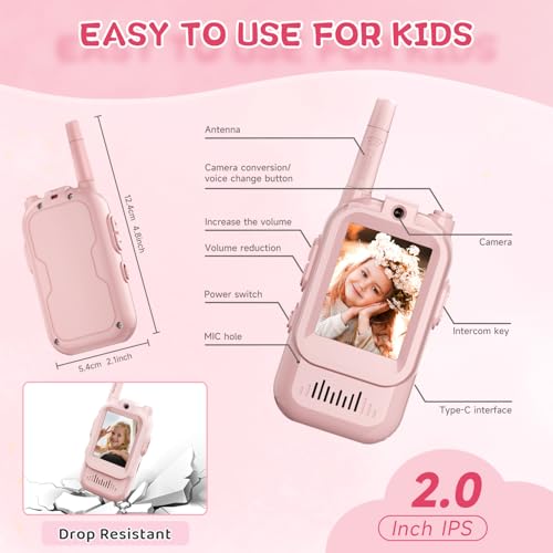 Image of Video Walkie Talkies for Kids, Handheld 2 Pack Rechargeable Video Intercom Kids Walkies Talkies, Indoor Outdoor Toys for Family Games, Outside, Camping, Hiking for Boys Girls Ages 3-12 (Pink /Pink)