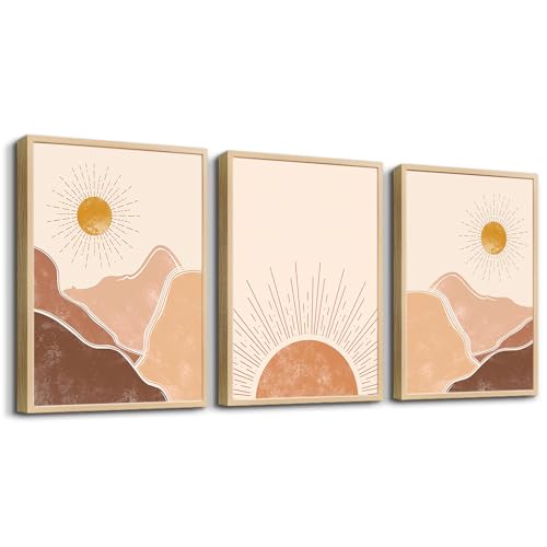 Image of Natural Wood Framed Boho Wall Decor Living Room Canvas Wall Art For Bedroom Minimalist Abstract Mountain Sunshine Wall Painting Wall Decorations For Girl Room Office Wall Decor Pictures Home Decor