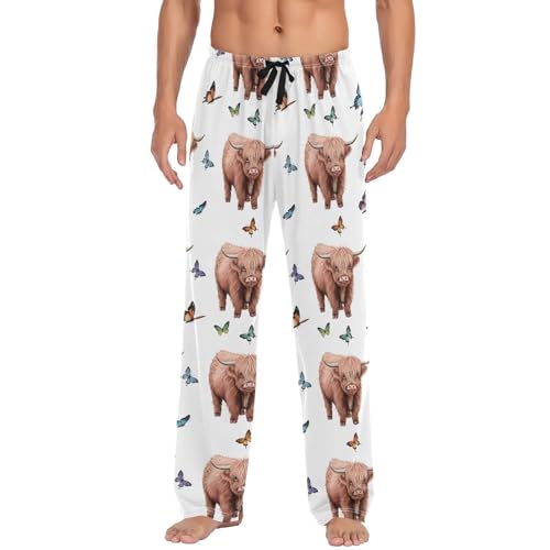Men’s Highland Cows Butterflies Pajama Pants with Pockets, Comfortable Lounge Sleep Bottoms#793
