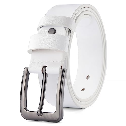 HYCOPROT Cinturón Piel Hombre,Cinturones de Cuero Para Hombres de 38mm de Ancho, Hebilla de Cinturon Ajustable Para Pantalones Vaqueros de Trabajo Informales (100cm (longitud total 115 cm), Blanco)