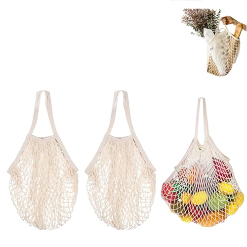 NCZCDZSW 3 Stück Einkaufstasche Netz Wiederverwendbar, Bio Baumwollseil Einkaufstaschen Mesh Tasche, Baumwollseil Waschbare Tragbar Produktbeutel Netzbeutel für Aufbewahrung Von Obst Und GemüSe