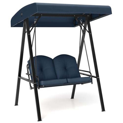 Image of Tangkula 2 Person Porch Swing, Patio Swing with Adjustable Canopy, Heavy-Duty Metal Frame & Soft Cushion, Outdoor Swing for Backyard, Garden (Navy)