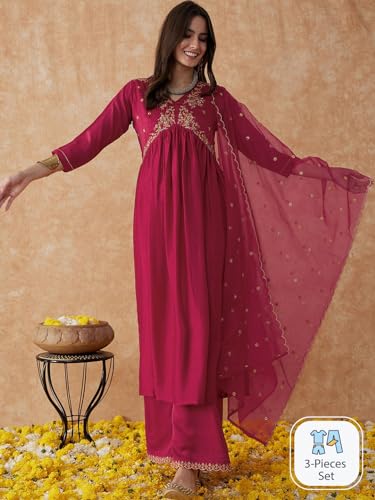 Image of SheWill Women's Vichitra Zari Sequence Embroidery Alia Cut Kurta with Palazzo Dupatta Set