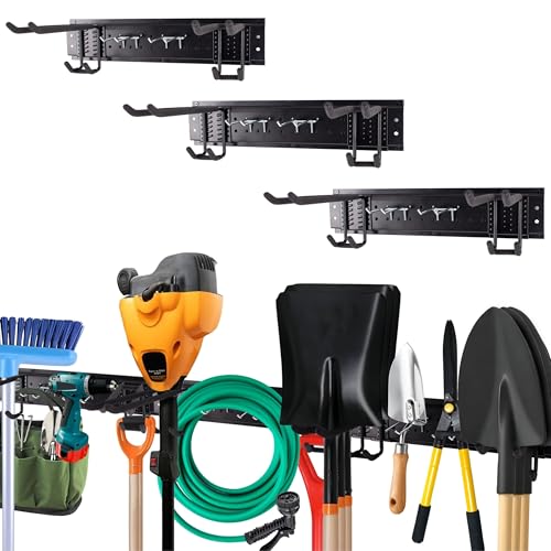 FlyQuality Heavy-Duty Wall Mount Garden Tool Organizer Rack, Black Metal, Multi-Hook Storage System
