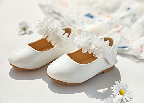 Flaryzone Toddler Little Girls Wedding Ballet Mary Jane Flats Floral Strap Dress Shoes (White,Toddler-Size 6) #TOP3