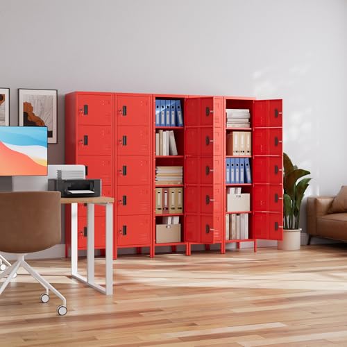 Image of Aobabo 16 inch W 5 Door Metal Storage Locker with Lock, 66 inch H Steel Locker with Name Card Holder and Metal Leg for School, Home, Office, Playroom, Assembly Required, Red