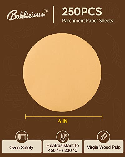 Baklicious 250Pcs 4 Inch Parchment Paper Rounds. Non Stick Round Parchment Paper, Baking Parchment Circles For Cake Baking, Patty Separating, Tortilla Wrapping #TOP1