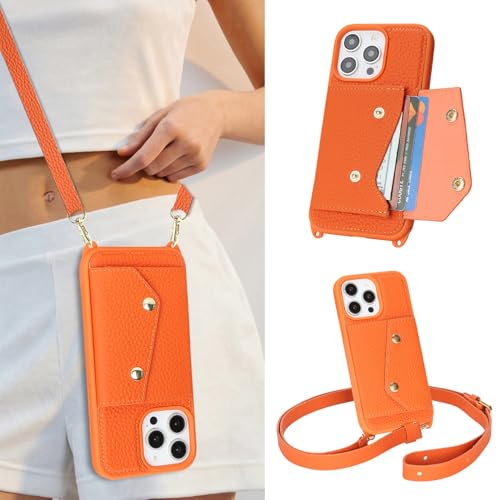 Genuine Leather Wallet Case for iPhone 15 Pro Max with Strap,6.7",Orange