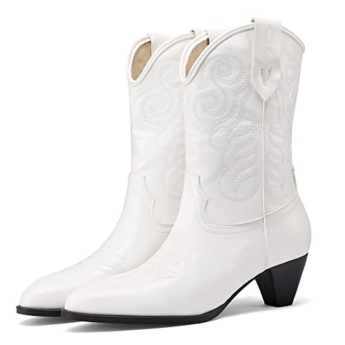 Image of Womens Embroidered Cowgirl Boots Pull On Cowboy Boots for Women Floral Low Chunky Heel Western Boots
