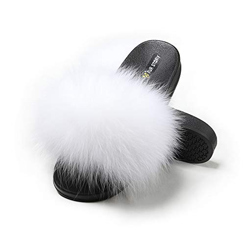 Fur Story Women's Fox Fur Slides Furry Slide for Outdoor Fluffy Sandals Open Toe Fur Slippers (White, 8.5)