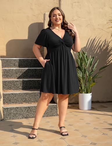 Womens Plus Size Summer Dress Casual Short Sleeves Deep V Neck Twist Knot Front Flowy Dress with Pockets3