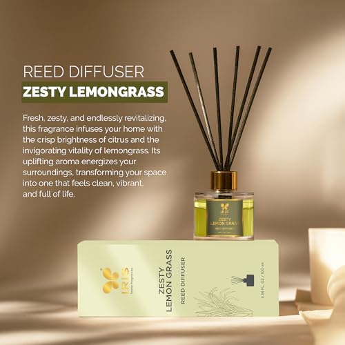 Image of IRIS Aroma Reed Diffuser - 100ml | Elegant Home Fragrance with 6 Fiber Reeds, Glass Round Bottle with Gold Cap | Aroma Diffuser for Cozy Decor & Gifting (Zesty Lemongrass)