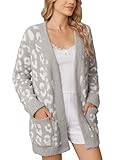 Snuggle Sac Leopard Cardigan Sweaters for Women with Pocket Trendy Casual Long Sleeve Leopard Tops Open Front Fall Winter Coats (Medium, Grey)
