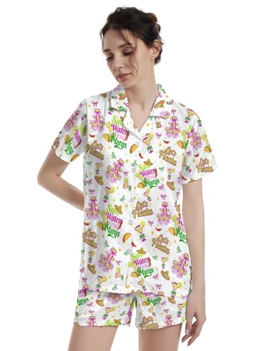 Image of Funny Satin Pajamas Set for Women Button Down Sleepwear Print Pjs Set 2 Piece Short Sleeve Loungewear Gift for Women