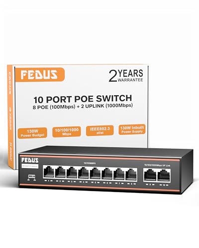 Image of FEDUS NextSwitch-8000UG 10 Port PoE Switch (8 PoE+ 10 /100Mbps, 2 1000Mbps Gigabit Uplink) 130W Built-in Power, 250m Extended Range, 6KV Surge Protection, 802.3af /at Plug & Play Unmanaged Ethernet Hub