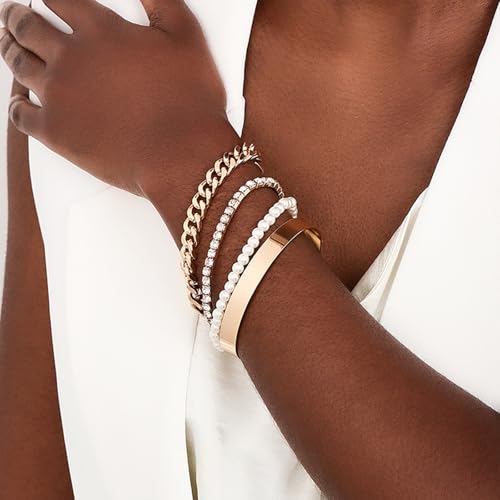 Gold Pearl Bracelets for Women Dainty 14K Gold Plated Stack Set Trendy Stackable Non Tarnish Cuban Link Chain Bracelets Jewelry Sets Gifts for Womem4