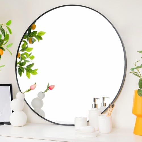 Image of Sidra Decor Modern Round Wall Mirror with Black Metal Frame | Wall Mounted Decorative Mirror for Bedroom, Bathroom, Entryway | HD Vanity Mirror wash Basin (Black 22 Inch)