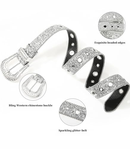 Kajeer Rhinestone Belt for Women Men, Bling Belt Vintage Cowgirl Belt Sequin Diamond Studded Western Cowboy Belts for Jeans3